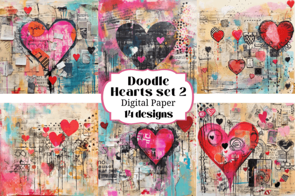 14 Doodle Hearts (Set 2) Backgrounds: Whimsical Digital Papers for Your Projects
