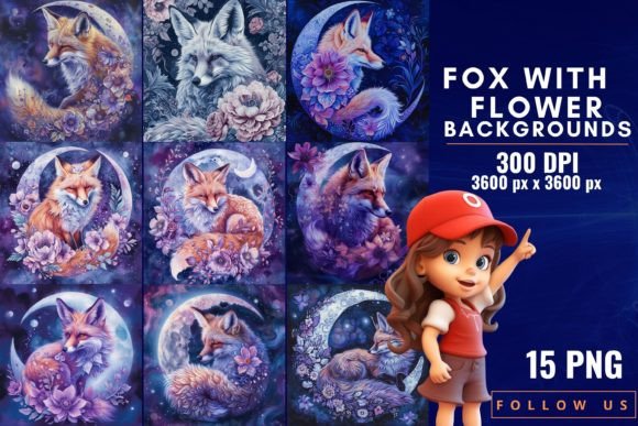 Fox with Flower Backgrounds: Whimsical Design Assets