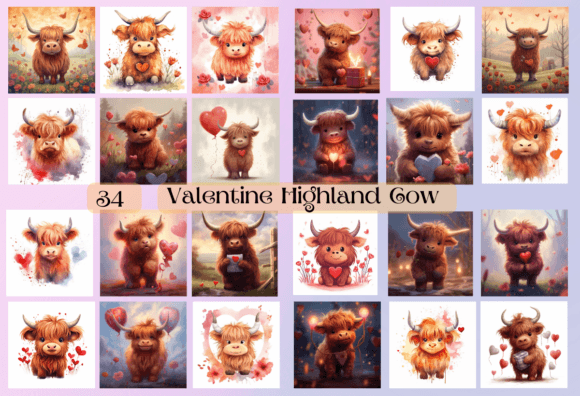 Valentine Highland Cow Backgrounds: 34 Charming Illustrations